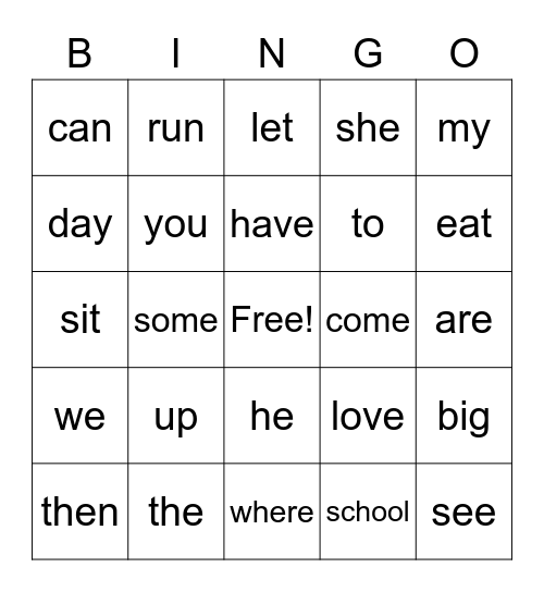 SIGHT WORD BINGO Card