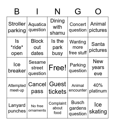 SeaWorld Passholder Bingo Card