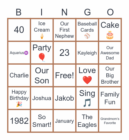 Joshua’s 40! Bingo Card