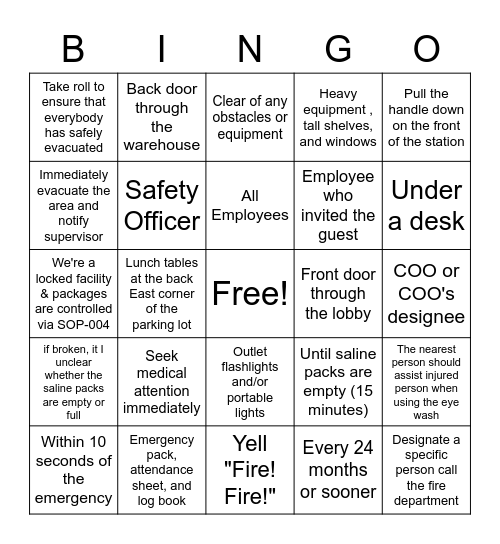 SOP 136 / SOP 139 Bingo Card