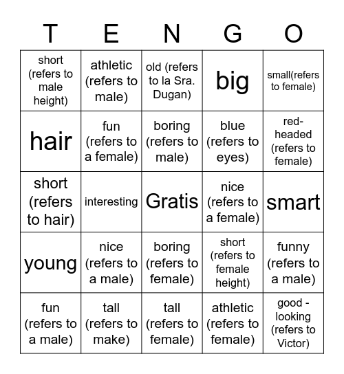 Los adjetivos Bingo Card