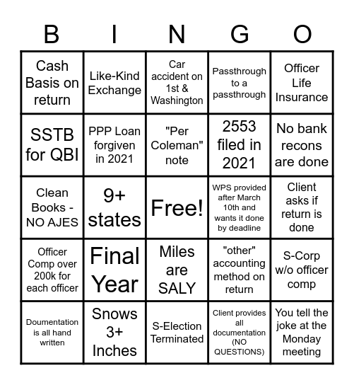 Tax Season (Entity) Bingo Card