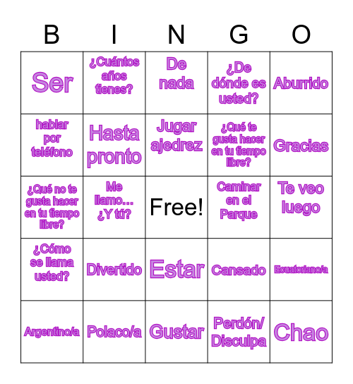 Fiona Bingo Card