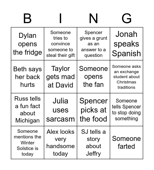 Sibling party Bingo Card