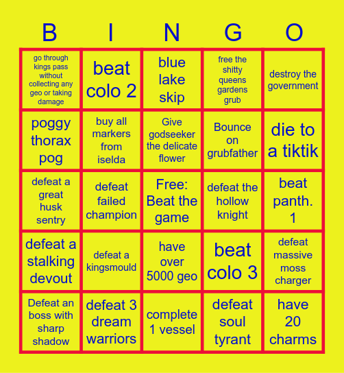 Hollow knight Bingo Card