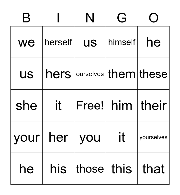 Pronouns Bingo Card