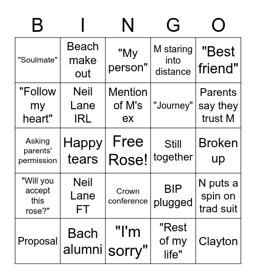 Bachelorette Finale Bingo Card