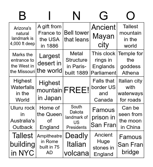 World Geography Bingo Card