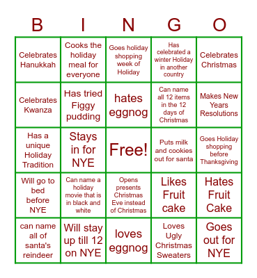 Uro Holiday Bingo Card