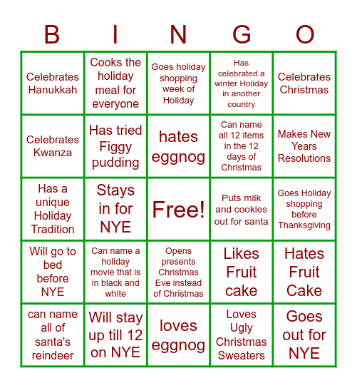 Uro Holiday Bingo Card