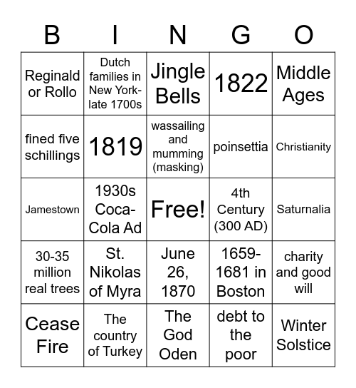 History Christmas Bingo Card