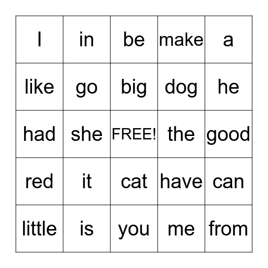 Sight Word BINGO Card