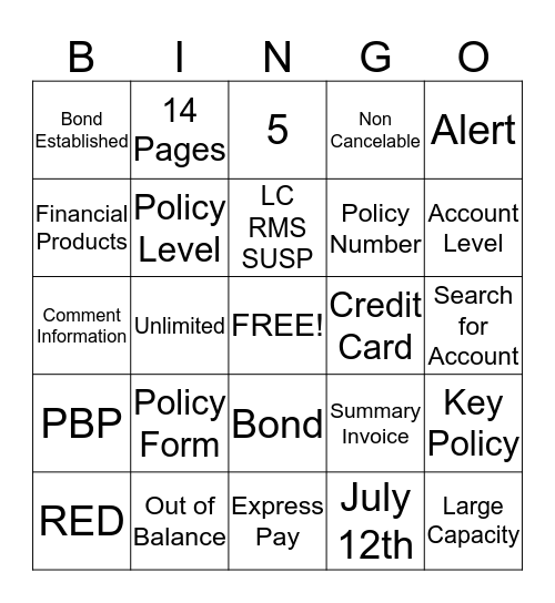 BOND 20 Bingo Card