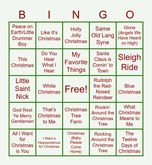 HH Christmas Song Bingo Card