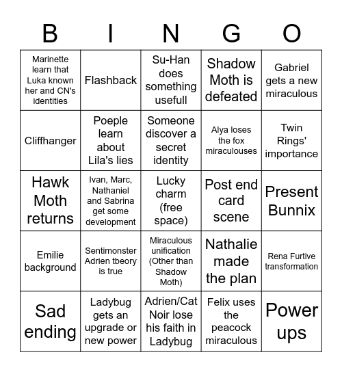 Season 4 finale Bingo Card