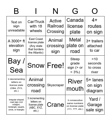 Road Trip Bingo Card