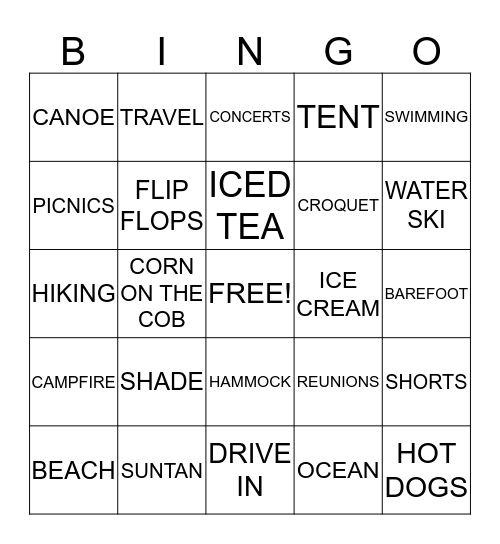 LAZY DAYS OF SUMMER Bingo Card