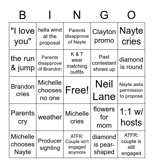 Bachelorette Finale! Bingo Card