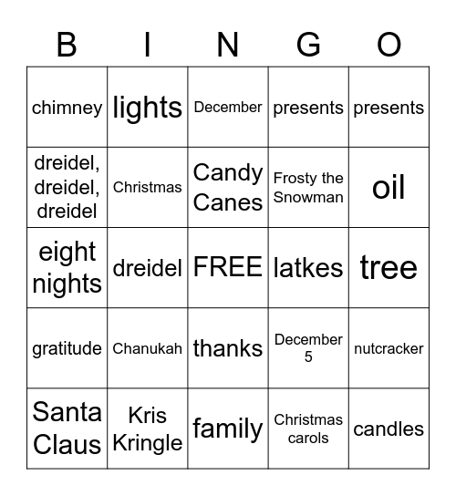 Chanukah and Christmas Bingo Card