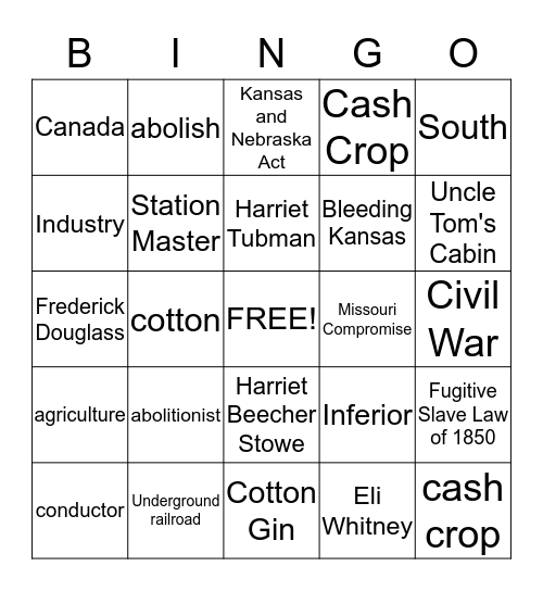 Unit 6: Slavery  Bingo Card