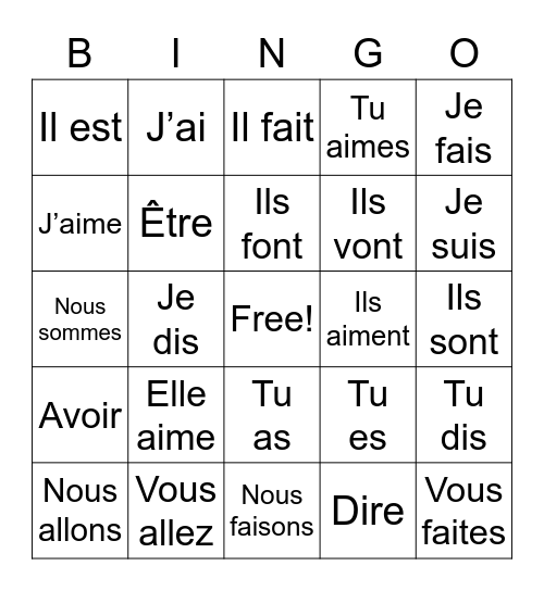 Bingo des verbes Bingo Card