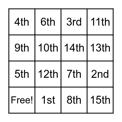 Ordin l Numbers Bingo Card