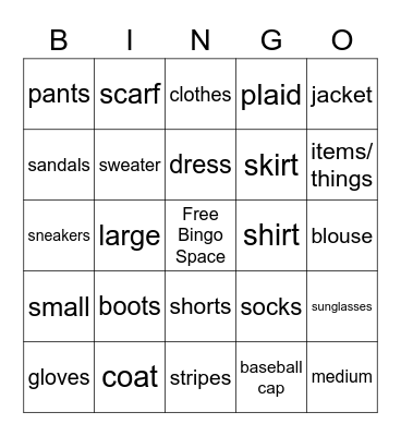 Clothes: Vocabulary Page 212 Bingo Card