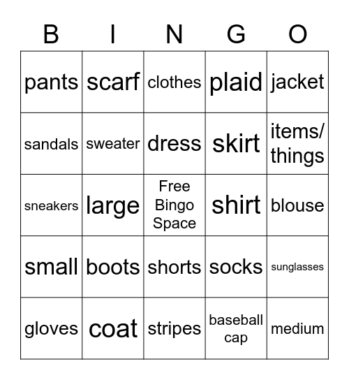 Clothes: Vocabulary Page 212 Bingo Card