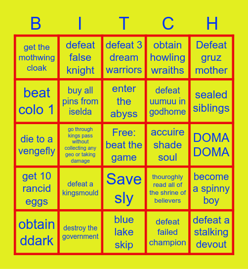 Hollow knight Bingo Card