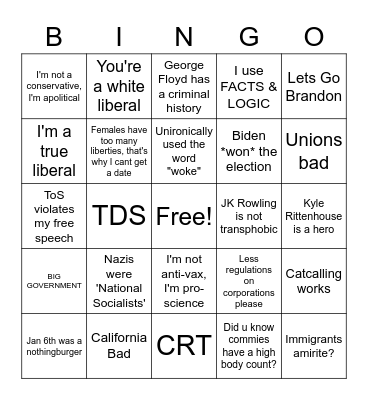 Cafe Bingo - Conservative Edition Bingo Card