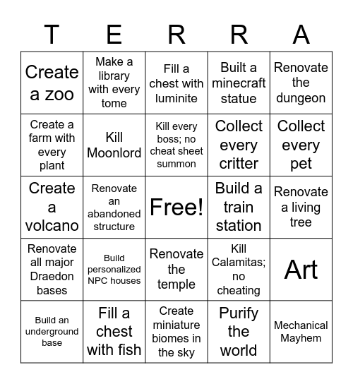 Terraria Calamity Bingo Card