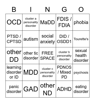 Mental Illness & Neurodiversity Bingo Card