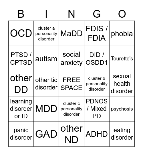Mental Illness & Neurodiversity Bingo Card