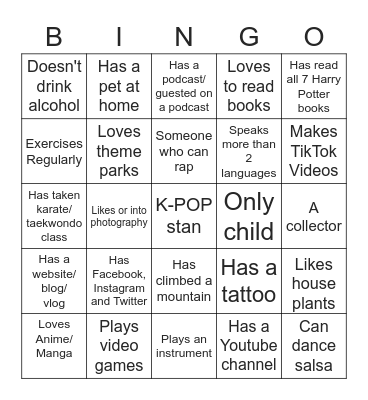 User/Account Bingo Card