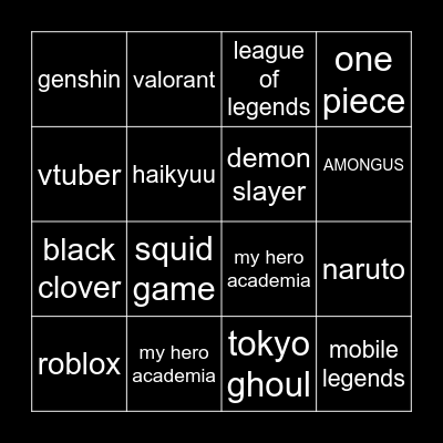 cosplay bingo 2021 Bingo Card