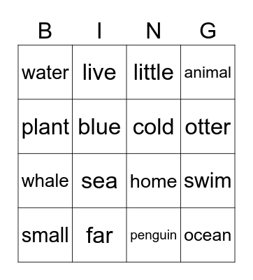 At Home in the Ocean Grade 1 Bingo Card