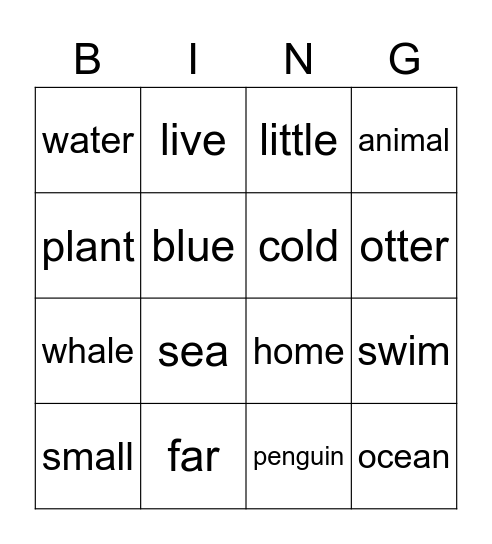 At Home in the Ocean Grade 1 Bingo Card