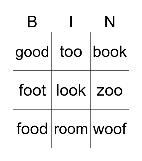 Phonics oo Bingo Card