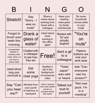 Remote Work Bingo Card