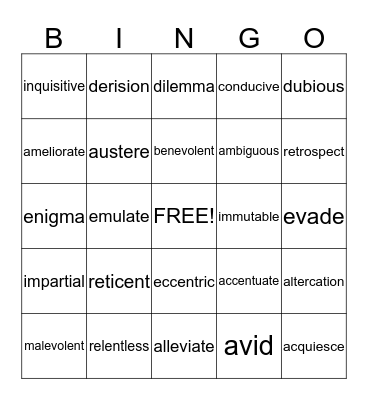 Final Vocabulary Review Bingo Card