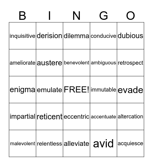 Final Vocabulary Review Bingo Card