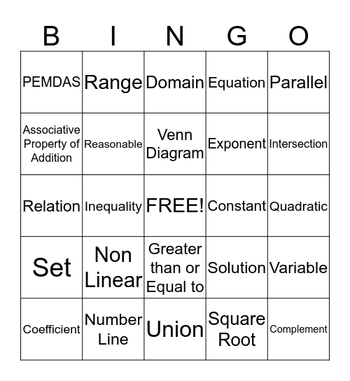 Algebra Practice Bingo Card