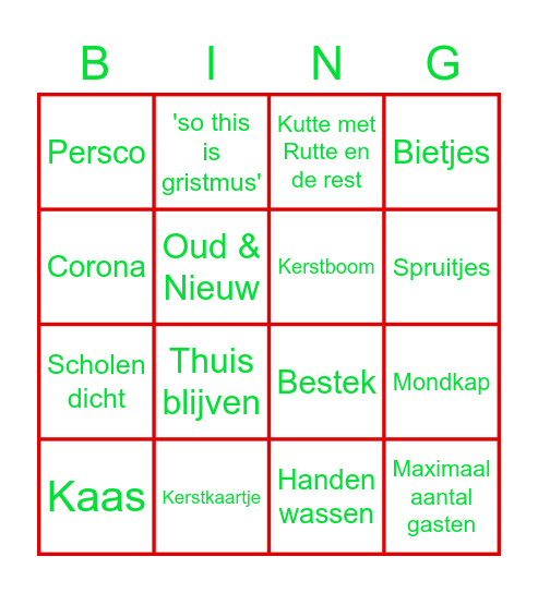 Kerst bingo aan de Egelantiers Bingo Card