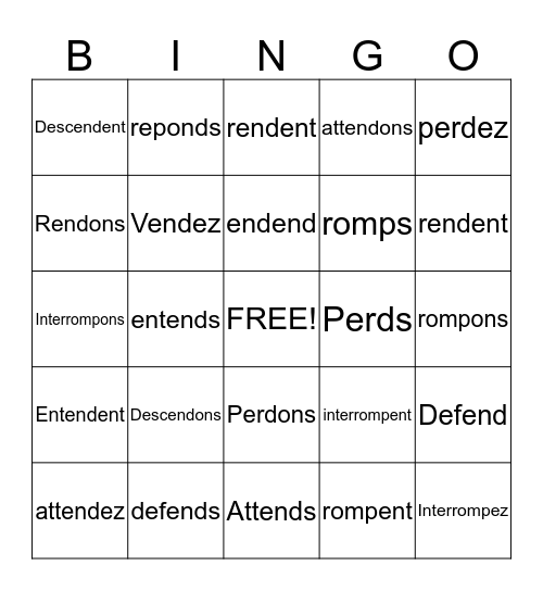-RE Verb Bingo Card