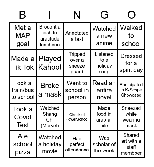 End of Year 2021 Bingo Card