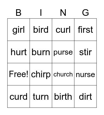 UR IR words Bingo Card