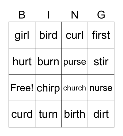 UR IR words Bingo Card