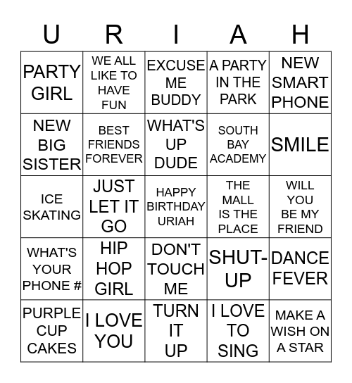 URIAH'S 12TH BIRTHDAY BINGO GAME Bingo Card