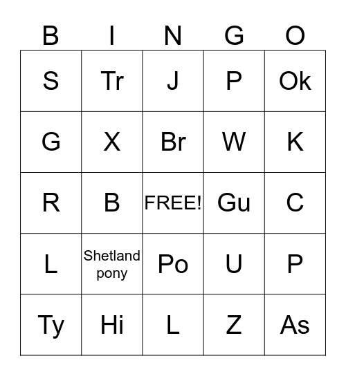 Horse Breed Bingo Card