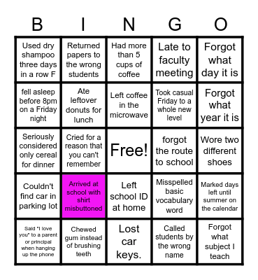 Tired Teachers and Staff Bingo Card